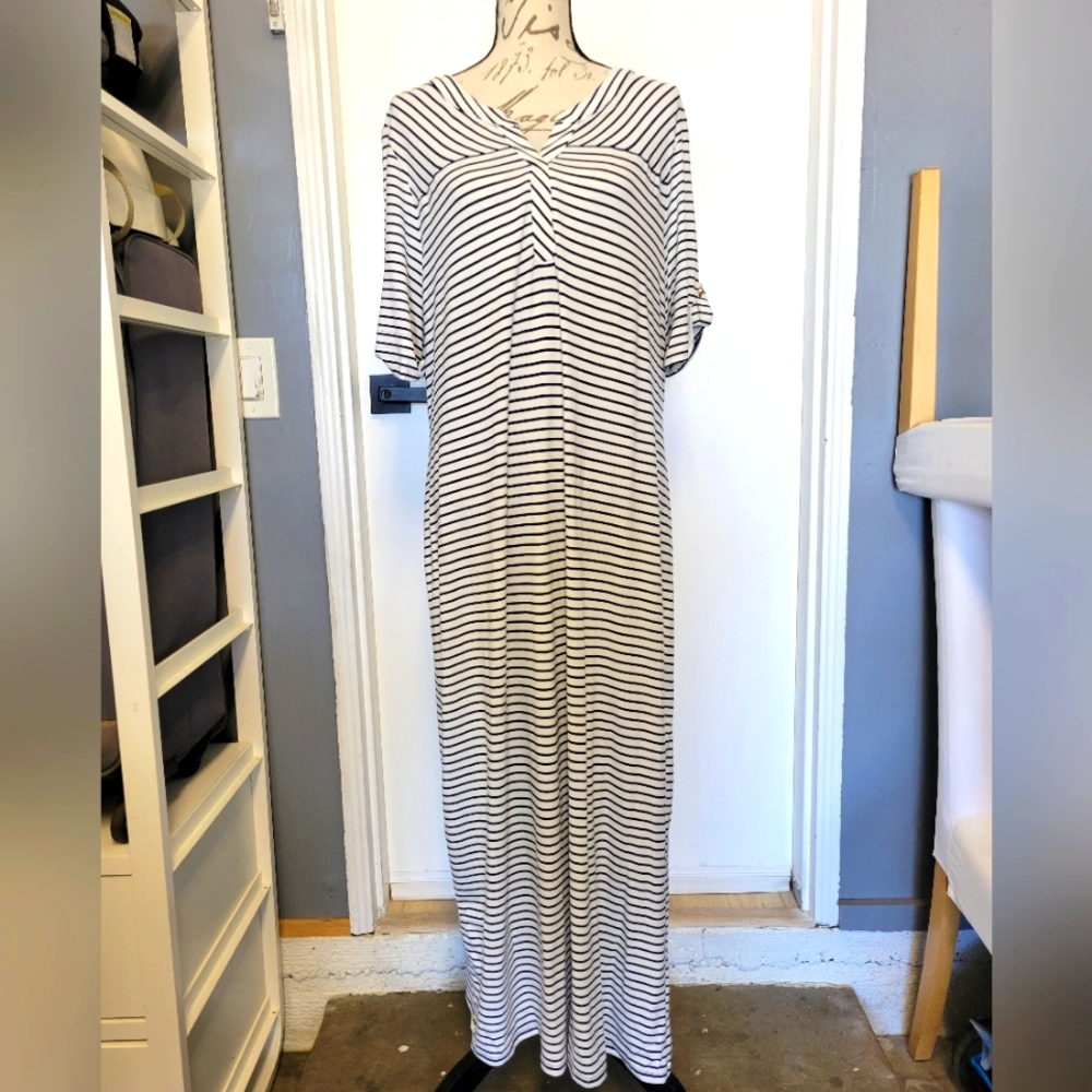 Chico's Striped Tee Maxi Dress Nautical Short Sleeve Size L